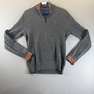 RVCA‎ Mens Gray Ribbed 1/4 Zip Cotton Sweater Orange Stripe Cuffs Small PO